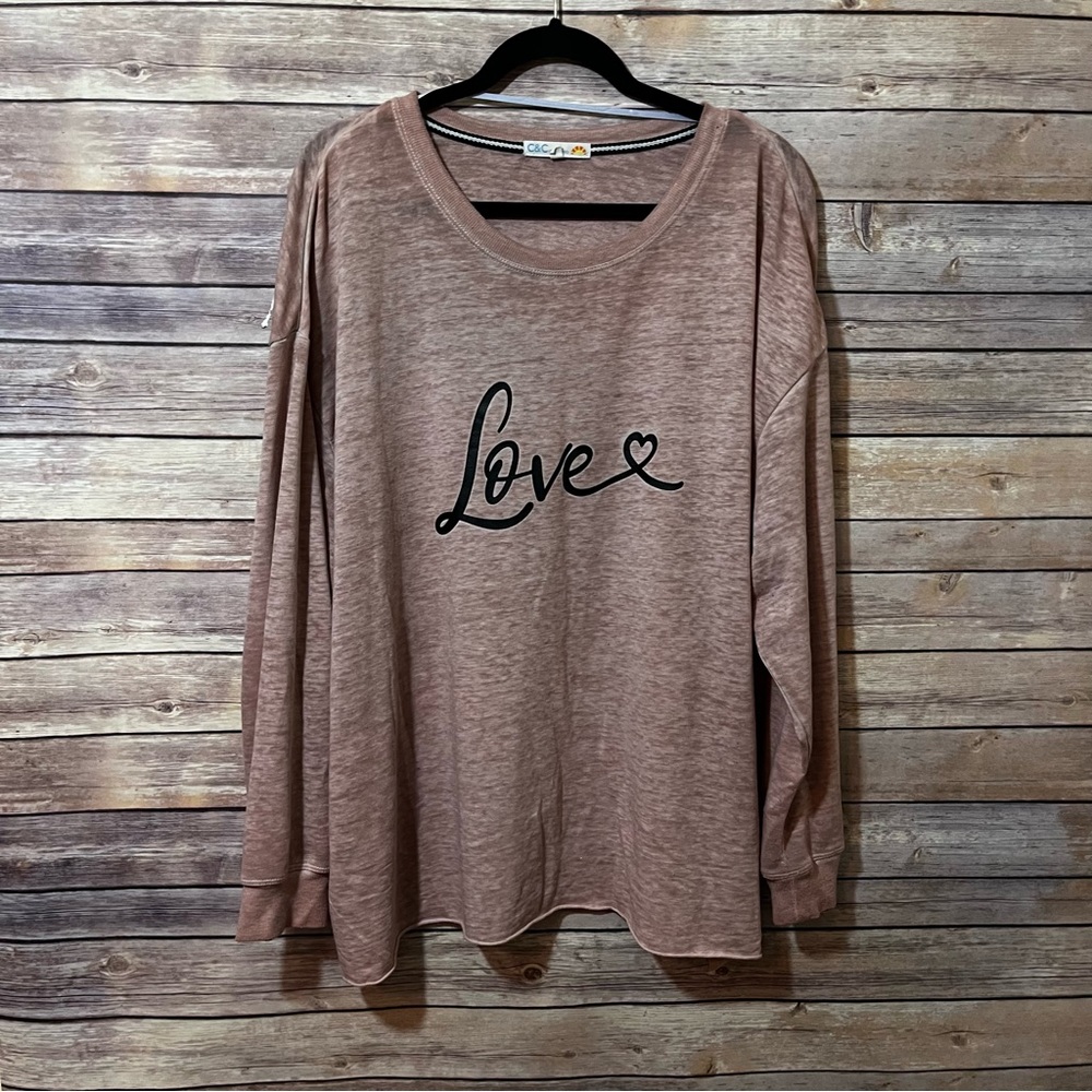 C&C California Pink Ultra Light Soft Distressed Fray Love Logo Sweatshirt 2X B3